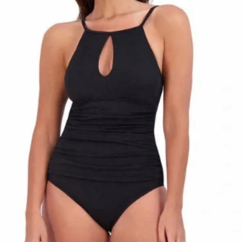 NWT Jessica Simpson Black High Neck One Piece Textured Swimsuit